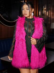 SHEIN BAE 大码女式无袖人造毛皮纯色冬季夹克 - 玫紅色 - 查看 4