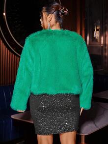 Cravure 大码优雅纯色仿皮草大衣，秋冬款 - 綠色 - 查看 2