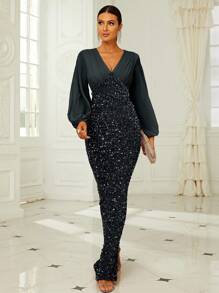 Missord Lantern Sleeve Sequin Formal Dress - Black - View 1