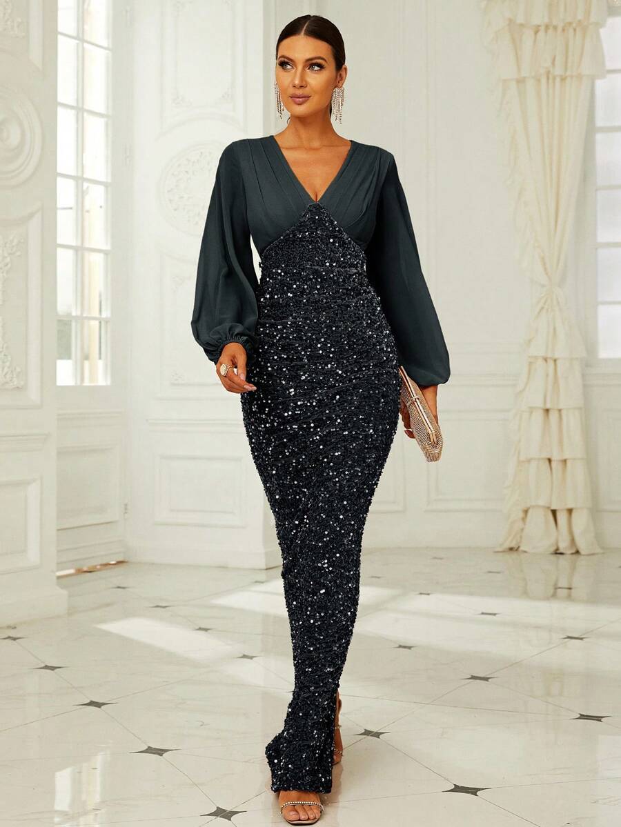 Missord Lantern Sleeve Sequin Formal Dress - Black - View 1