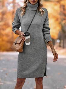 SHEIN LUNE Turtleneck Drop Shoulder Split Hem Sweater Dress - Light Grey - View 1