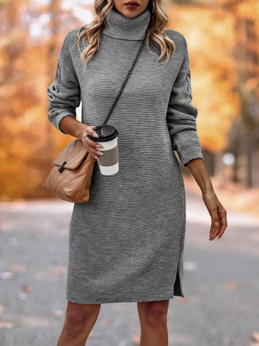 SHEIN LUNE Turtleneck Drop Shoulder Split Hem Sweater Dress - Light Grey - View 1