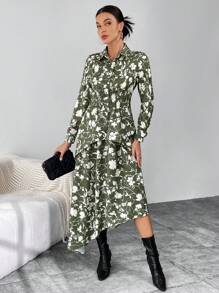 SHEIN Privé con estampado bajo asimétrico Blusa & Falda - Verde - Ver 3