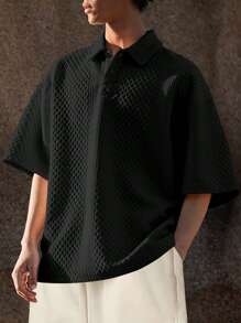 Manfinity Hypemode Men Solid Quarter Button Work Casual Polo Shirt, Boyfriend Gift - Black - View 1