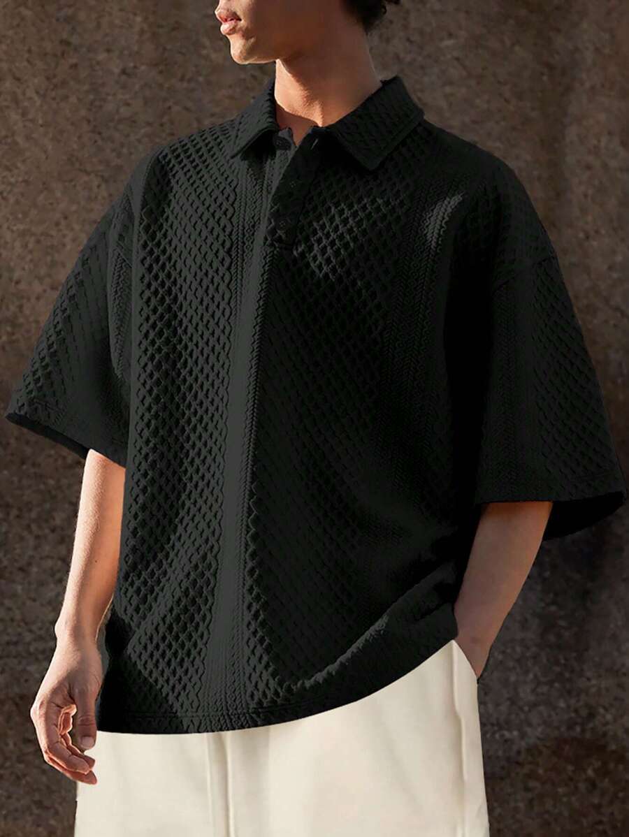 Manfinity Hypemode Men Solid Quarter Button Work Casual Polo Shirt, Boyfriend Gift - Black - View 1