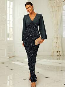 Missord Lantern Sleeve Sequin Formal Dress - Black - View 7