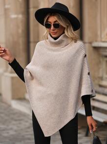 Chiquease Turtleneck Button Detail Asymmetrical Hem Knit Poncho Knit Pullover Fall Winter Outfit - Khaki - View 4