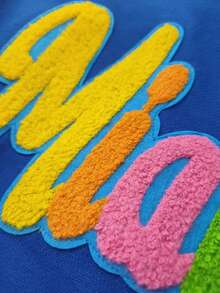 SHEIN Unity 女式休闲蓝色字母植绒落肩短款运动衫，秋季 - 藍色 - 查看 8