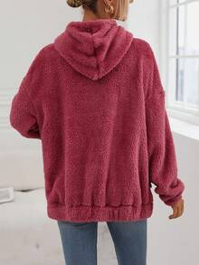 SHEIN LUNE Dual Pocket Drop Shoulder Drawstring Hooded Teddy Sweatshirt - Dusty Pink - View 2
