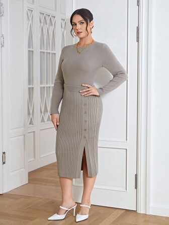 SHEIN Privé Plus Ribbed Knit Sweater & Button Detail Knit Skirt