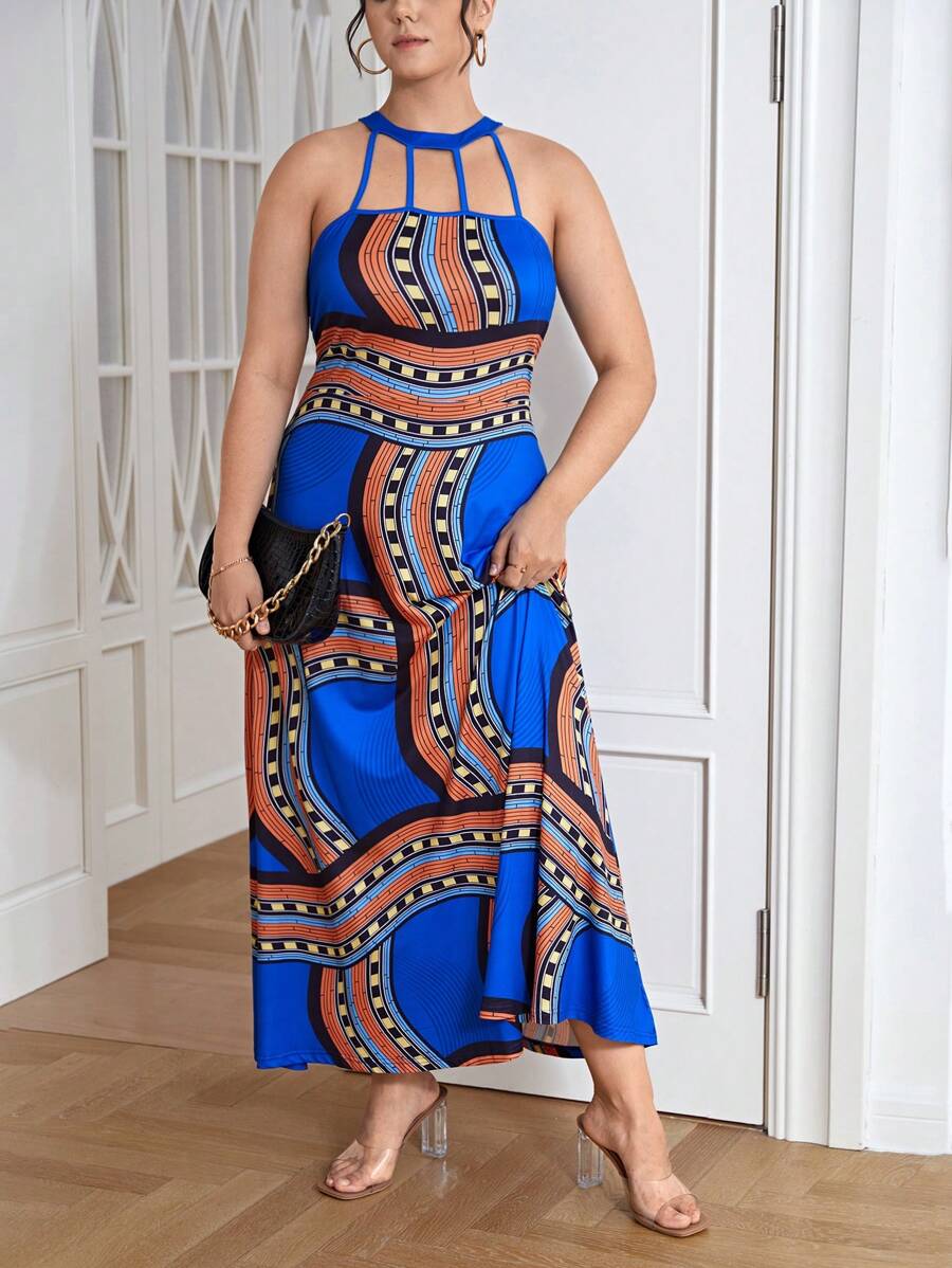 SHEIN Clasi Talla grande Vestido con estampado geométrico con abertura de cuello halter - Azul - Ver 1