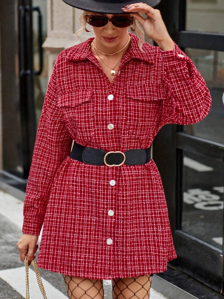 Plaid Pattern Drop Shoulder Overcoat Fall Cloth For Women