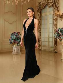 Missord Trang trí bằng kim cương giả hở lưng nhung dây cổ váy viền nàng tiên cá - màu đen - Xem 4