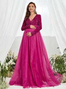 Maternity Sequin Insert Mesh Overlay Maxi Elegant Dress, For Party - Hot Pink - View 2