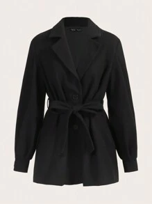SHEIN EZwear Lapel Neck Belted Overcoat In Fall/Winter - Black - View 1