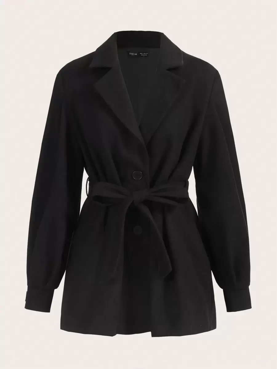SHEIN EZwear Lapel Neck Belted Overcoat In Fall/Winter - Black - View 1