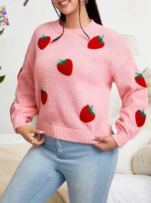 SHEIN Qutie Plus Strawberry Embroidery Drop Shoulder Sweater - Pink - View 5
