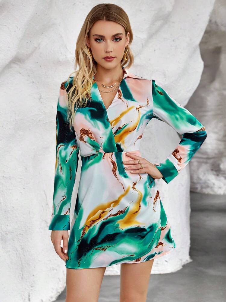 Graphic Print Surplice Neck Dress