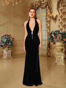 Missord Trang trí bằng kim cương giả hở lưng nhung dây cổ váy viền nàng tiên cá - màu đen - Xem 3