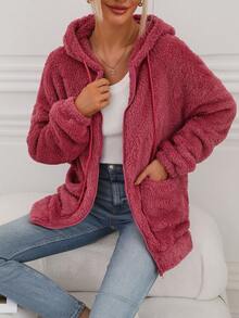 SHEIN LUNE Dual Pocket Drop Shoulder Drawstring Hooded Teddy Sweatshirt - Dusty Pink - View 6