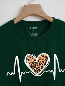 SHEIN Essnce Tim Và In hoa Báo Áo phông Crop - Màu xanh lá cây đậm - Xem 3