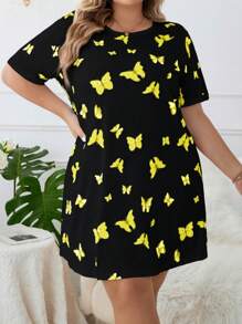 Plus Butterfly Print Pajama Nightdress - Black - View 4