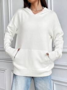 SHEIN Unity 袋鼠口袋落肩袖連帽套頭毛衣 - 白色 - 查看 1