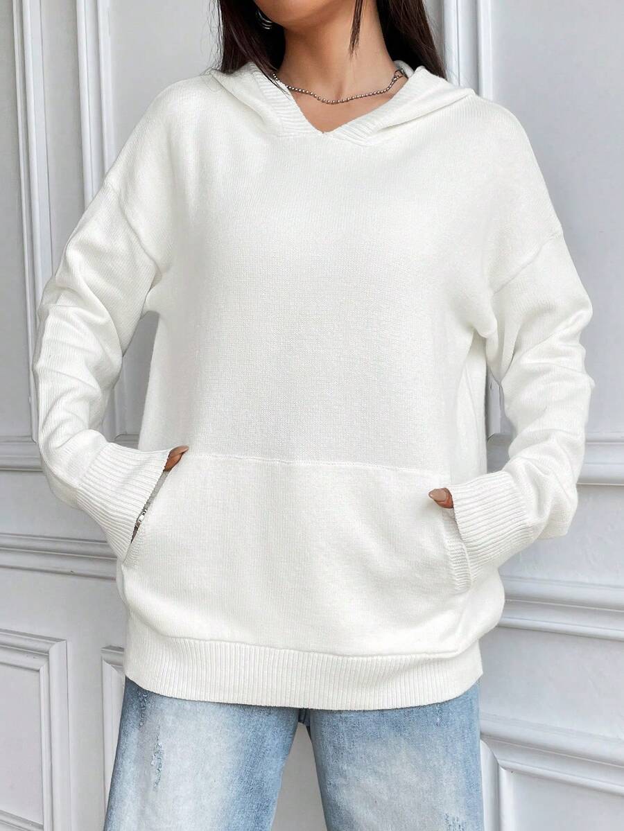 SHEIN Unity 袋鼠口袋落肩袖連帽套頭毛衣 - 白色 - 查看 1
