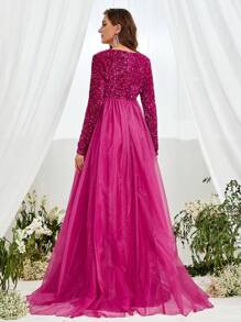 Maternity Sequin Insert Mesh Overlay Maxi Elegant Dress, For Party - Hot Pink - View 3