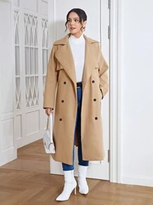 SHEIN Essnce Plus Áo khoác có cổ có thắt lưng đôi có cổ - Lạc đà - Xem 1