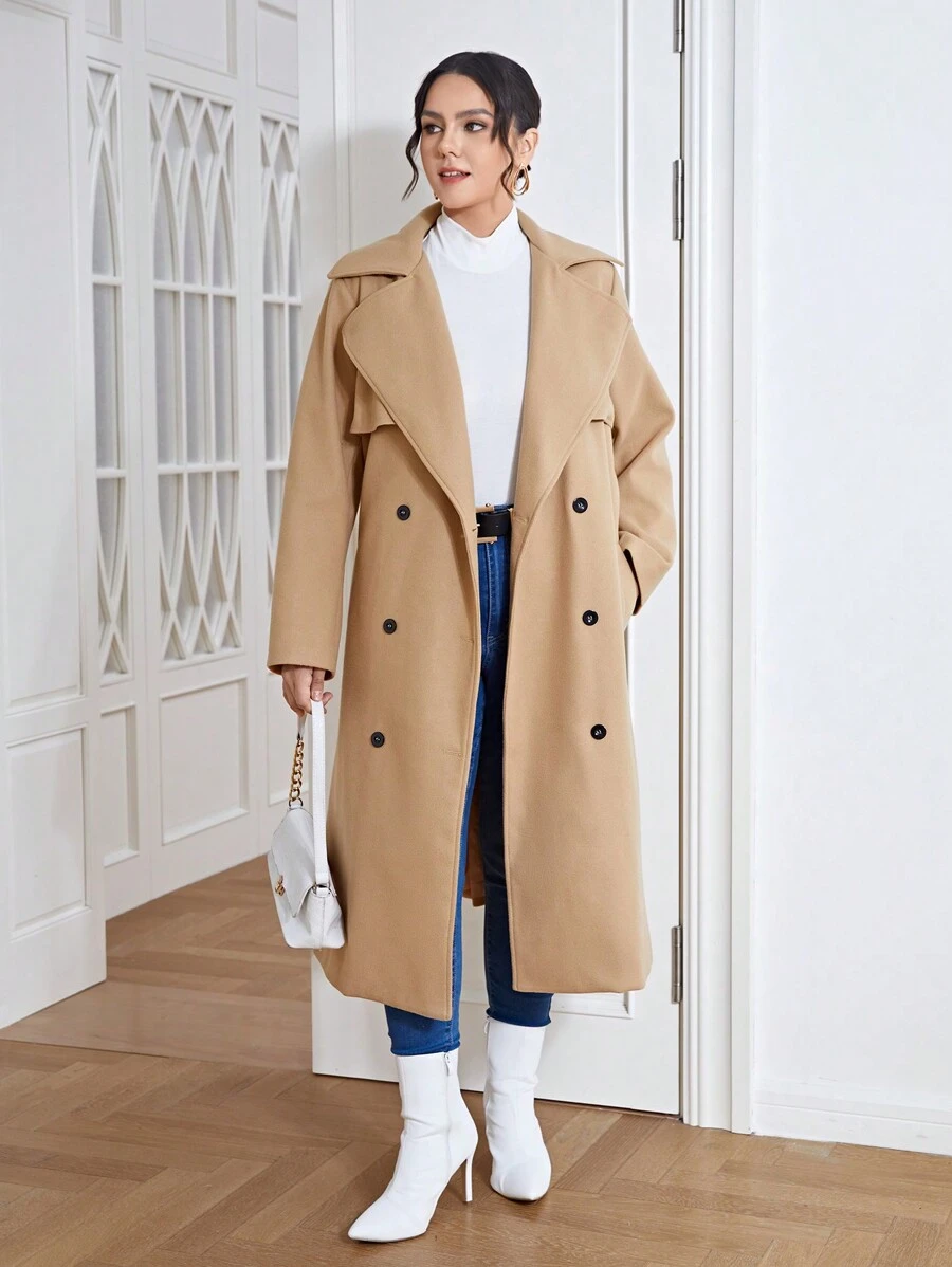 SHEIN Essnce Plus Áo khoác có cổ có thắt lưng đôi có cổ - Lạc đà - Xem 1