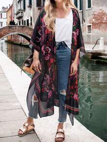Floral Print Split Hem Kimono Summer - Multicolor - View 3