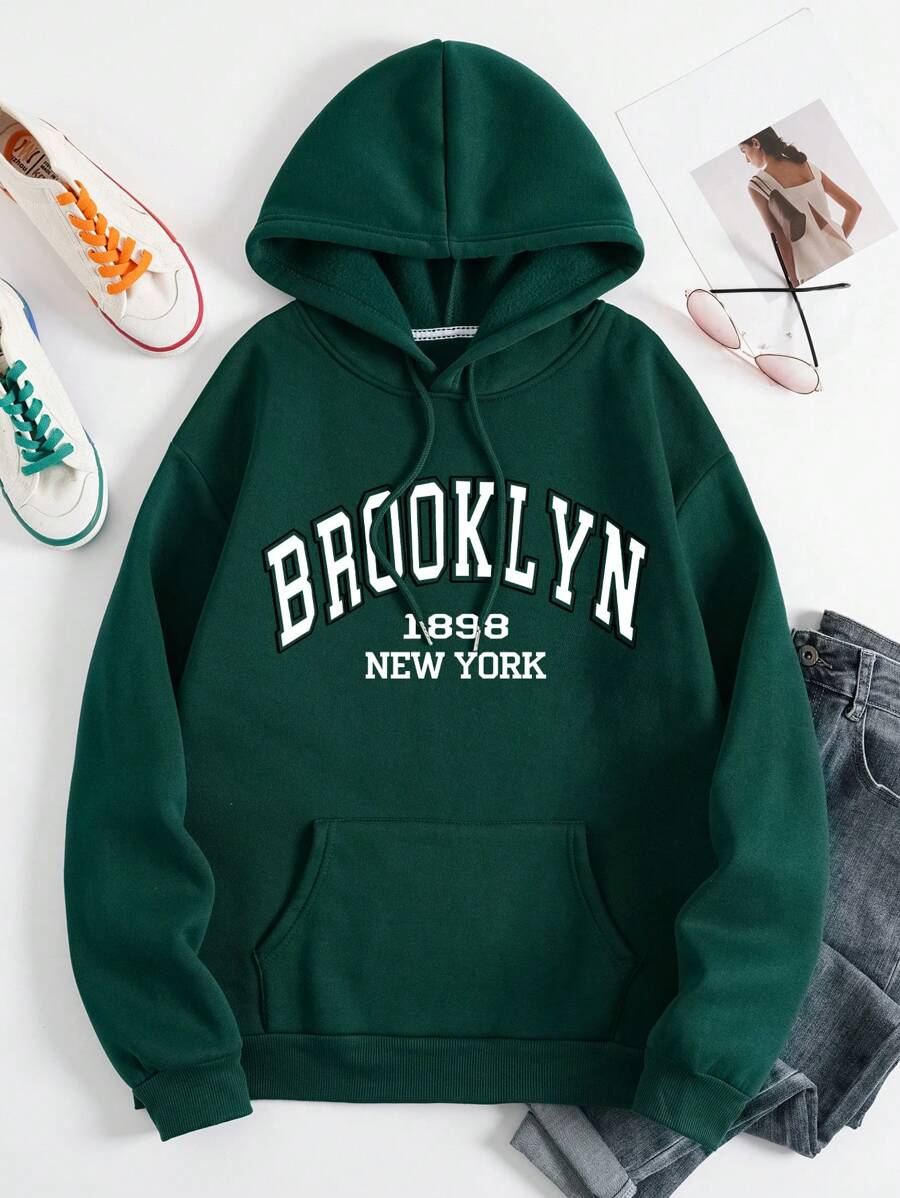 INAWLY Letter Graphic Kangaroo Pocket Drawstring Thermal Lined Hoodie - Dark Green - View 1