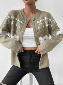 SHEIN Unity 幾何圖案開襟衫 - 卡其色 - 查看 1