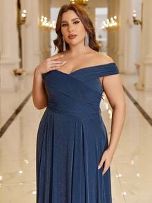 SHEIN Belle Plus Off Shoulder Ruched Glitter Dress - Navy Blue - View 4