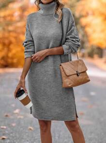 SHEIN LUNE Turtleneck Drop Shoulder Split Hem Sweater Dress - Light Grey - View 3