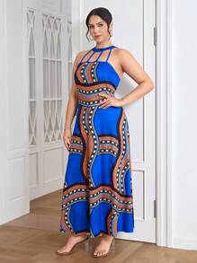 SHEIN Clasi 大碼幾何印花鏤空繞頸洋裝 - 藍色 - 查看 5