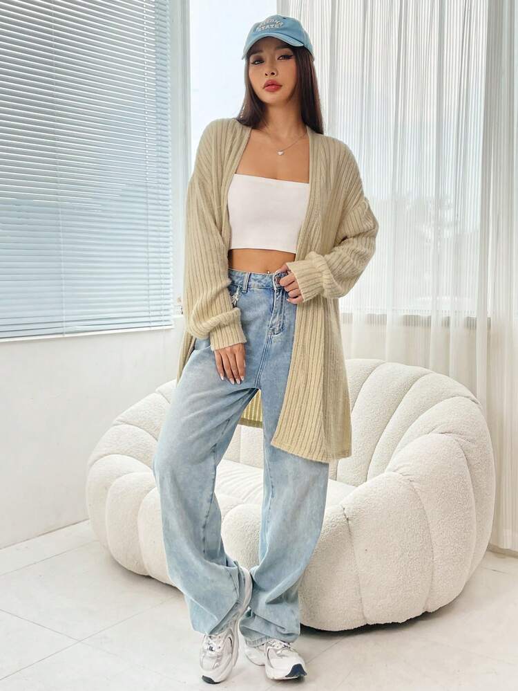 Drop Shoulder Open Front Coat