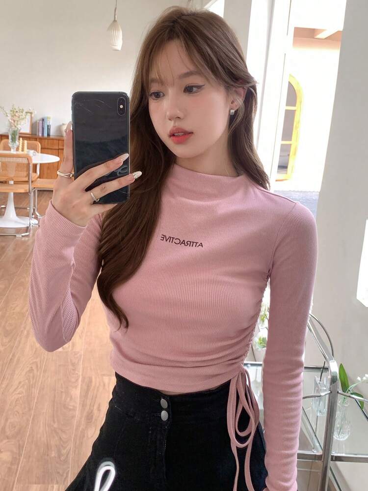 Letter Graphic Drawstring Side Mock Neck Tee,Fall Clothes Long Sleeve Women Tops
