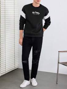RueChic Men Letter Graphic Contrast Panel Drop Shoulder Sweatshirt - Black - View 4