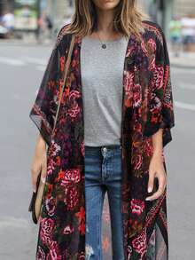 Floral Print Split Hem Kimono Summer - Multicolor - View 4