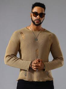 Manfinity LEGND Men Solid Ripped Drop Shoulder Sweater - Camel - View 4