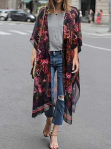Floral Print Split Hem Kimono Summer - Multicolor - View 1
