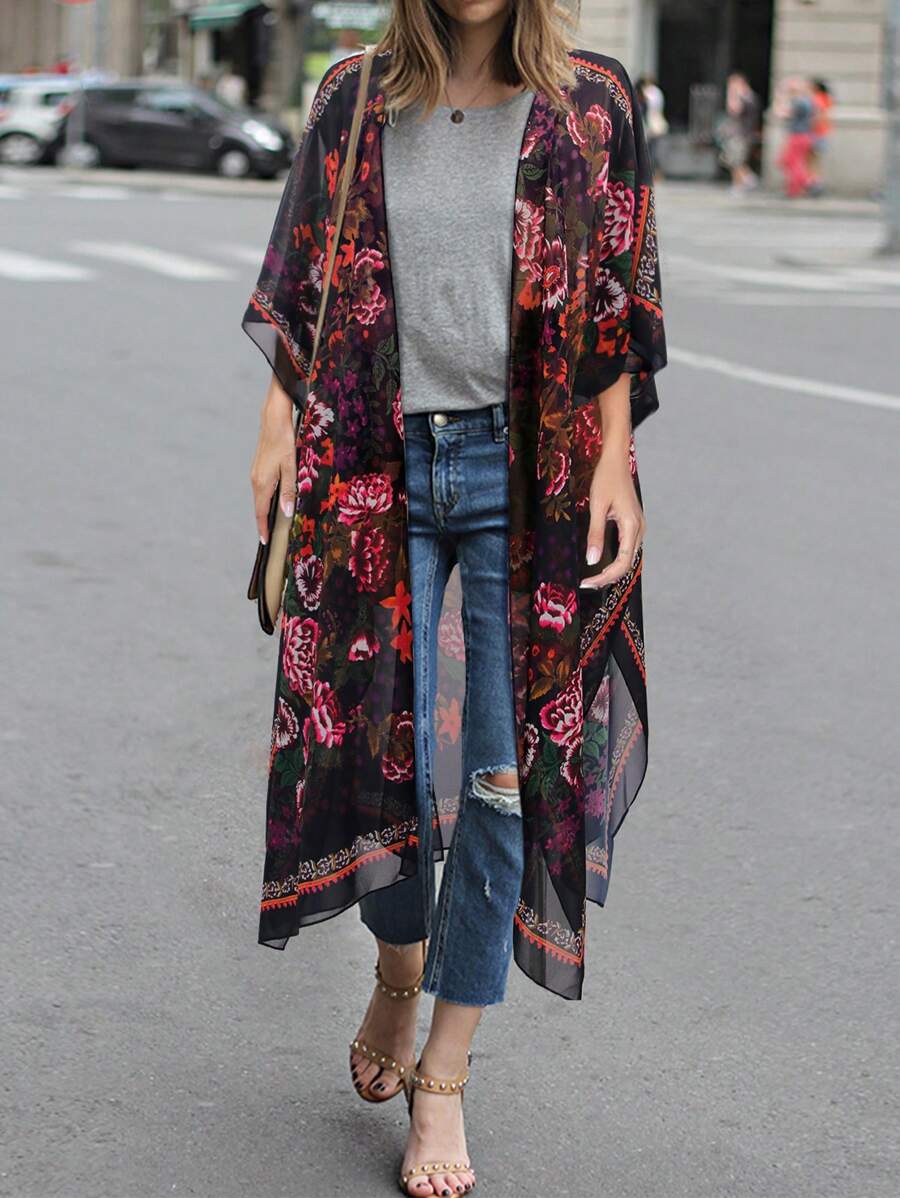 Floral Print Split Hem Kimono Summer - Multicolor - View 1