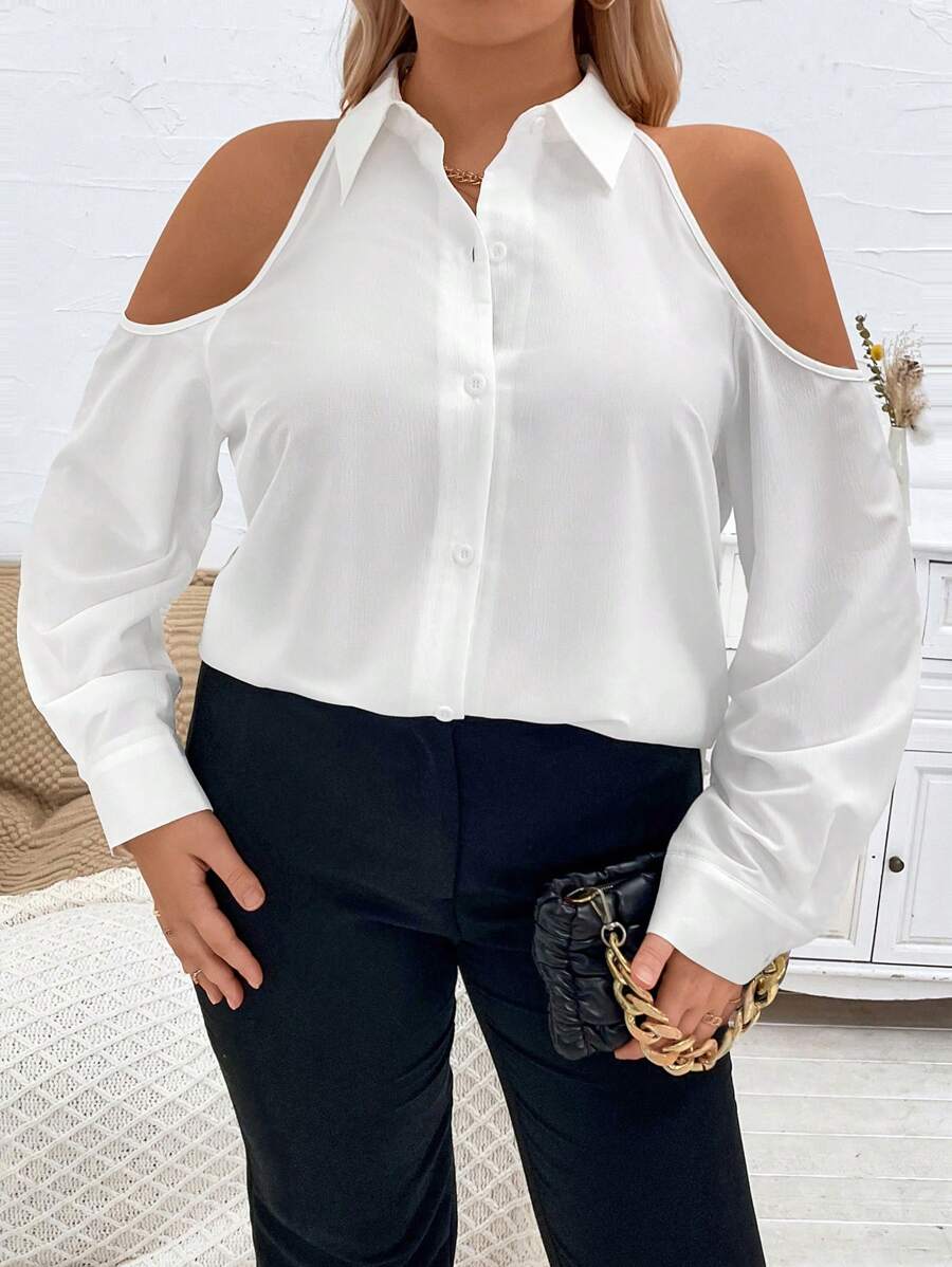 Calvaya 大碼挖肩前紐扣襯衫 - 白色 - 查看 1