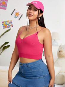 SHEIN EZwear Hơn Chất rắn Ngắn Cami Knit Top - Màu Hồng Tươi - Xem 7