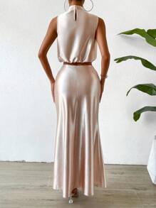 Chiquease Solid Satin Draped Front Blouse & Skirt - Apricot - View 2