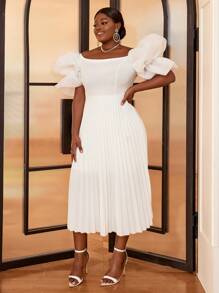 Hơn Off Shoulder Ống tay áo Viền xếp Đầm - trắng - Xem 1