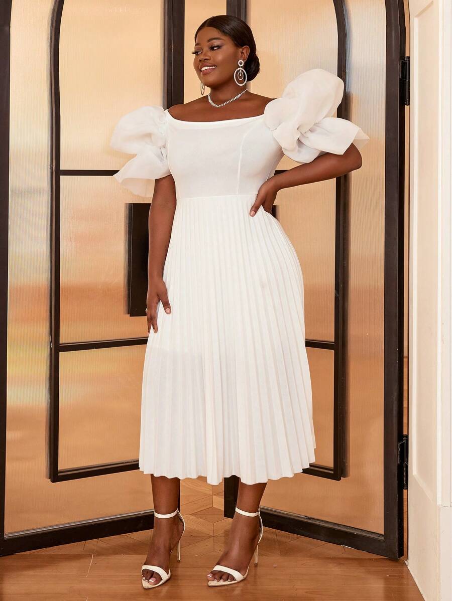 Hơn Off Shoulder Ống tay áo Viền xếp Đầm - trắng - Xem 1