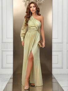 SHEIN Belle Một bờ vai Mặt trước xoắn Tách đùi Váy phù dâu - Rượu sâm banh - Xem 5